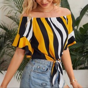 Off Shoulder Flounce Sleeve Knot Hem Striped Top